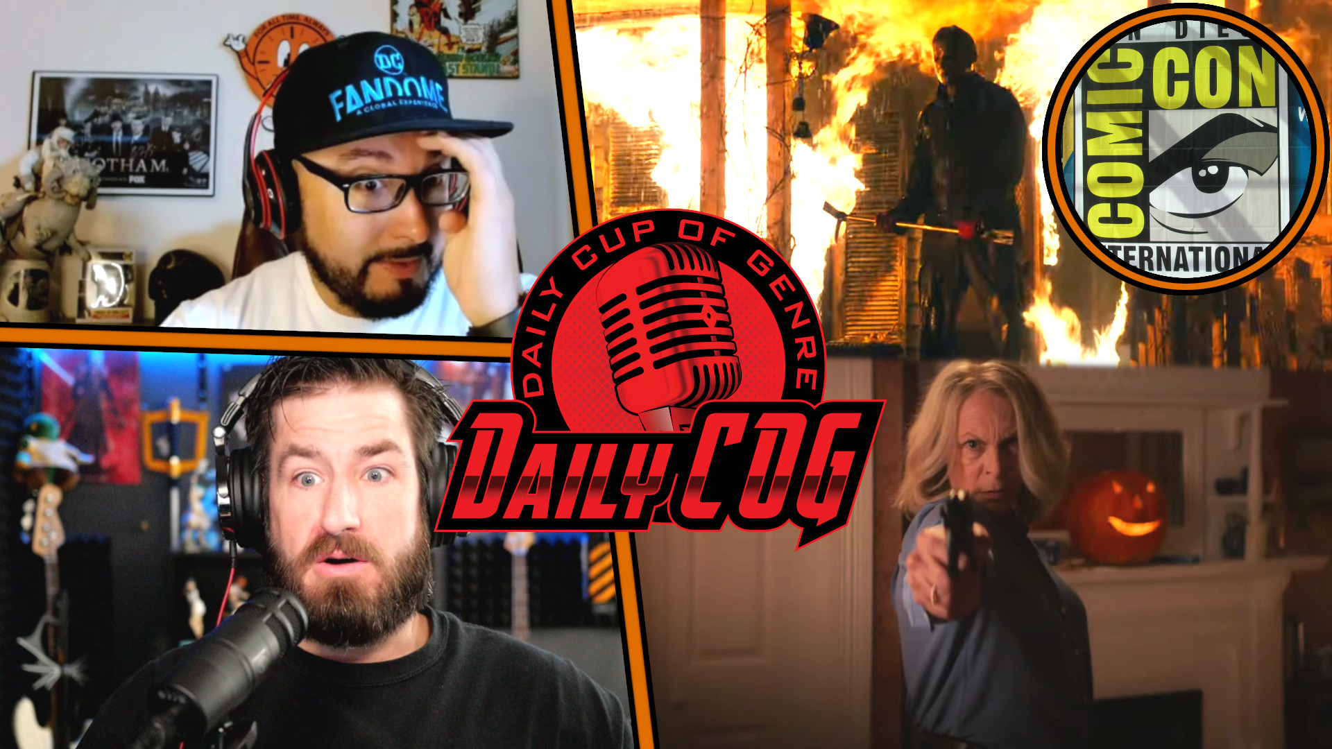 Thumbnail For Daily COG Podcast featuring Images of the hosts reacting to the Halloween Ends Trailer. Images of Laurie and Michael Meyers from Halloween Ends are shown. A SDCC Logo is also present