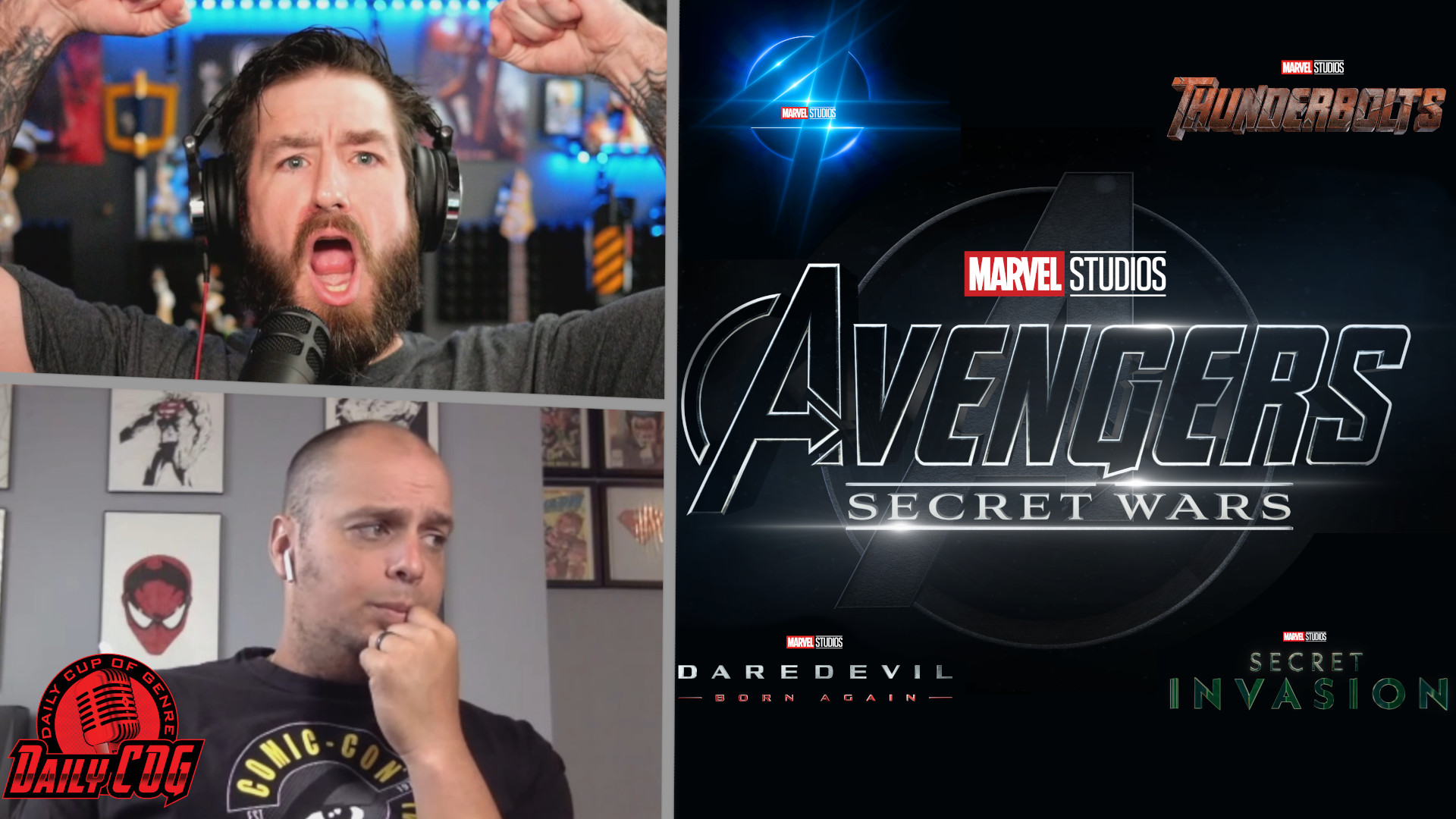 Title cards for MCU Phase 5 films and MCU Phase 6 films next to images of podcast hosts Kyle and Mike