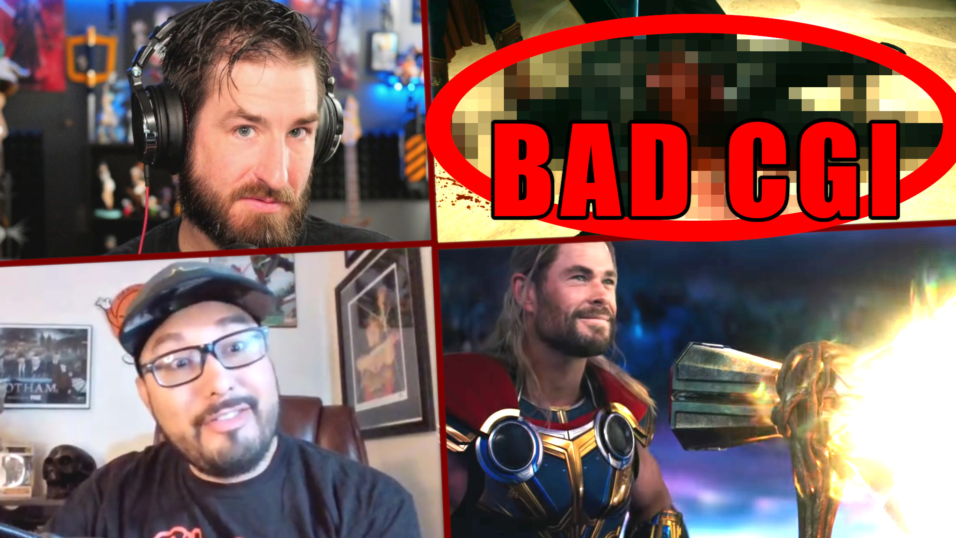 A Thumbnail For The Daily Cup Of Genre Podcast Featuring Hosts Kyle And Manny. Topic Images Include Thor From Thor Love And Thunder And A Pixelated Image From The Boys Season 3