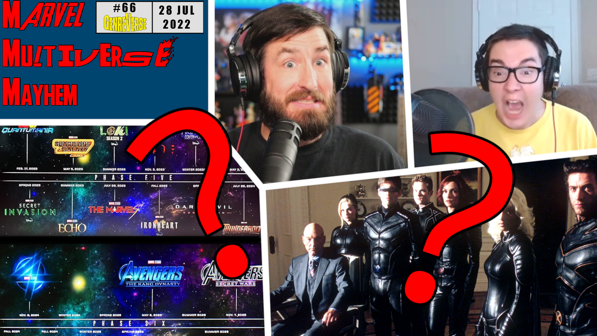 Podcast hosts Kyle and Nick express confusion and anger. Images from Marvel Studios' Comic-Con 2022 panel shows MCU release schedule and the 2000 X-men team is shown with question marks over them