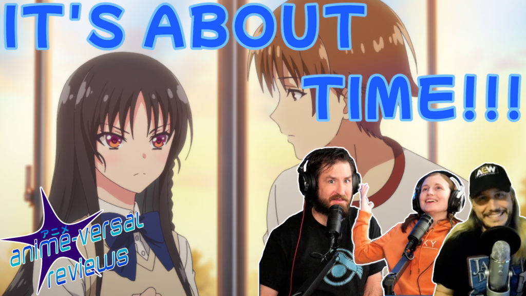 A Podcast thumbnail for Classroom Of The Elite Season 2 Episode 6 review. It features the three hosts, Kyle, Christine, and Brian as well as an image from the Anime being reviewed featuring Ayanokoji and Horikita wearing gym clothes standing in front of a window.