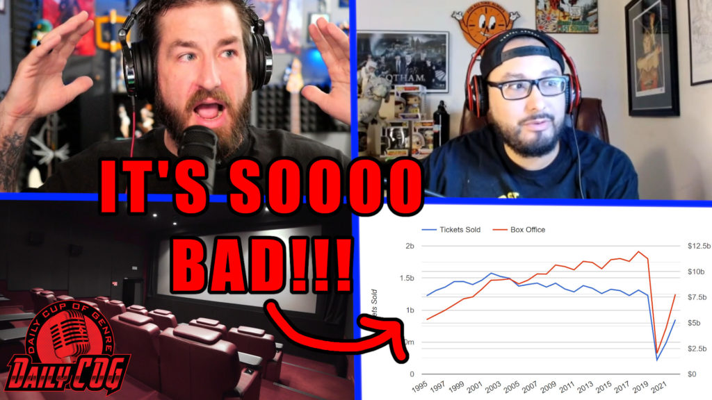 Thumbnail for The Daily Cup of Genre Podcast. It has images of hosts Kyle and Manny showing faces of shock at Box Office numbers represented by a chart. An image of a theater screen room is also seen next to the Box Office numbers chart.