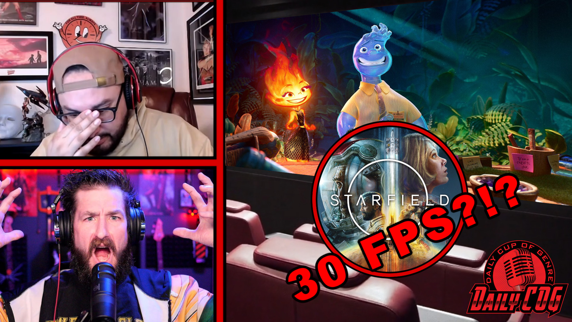 A thumbnail for the Daily cup of genre podcast. It features images from the Pixar movie Elemental and the video game Starfield. The hosts are seen making distressed faces. the words "30 fps" are seen followed by question marks.