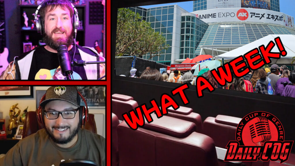 A thumbnail image for the Daily cup of Genre podcast. It features a theater screening room with an image from Anime Expo 2023 on the screen. The 2 male hosts are also seen.