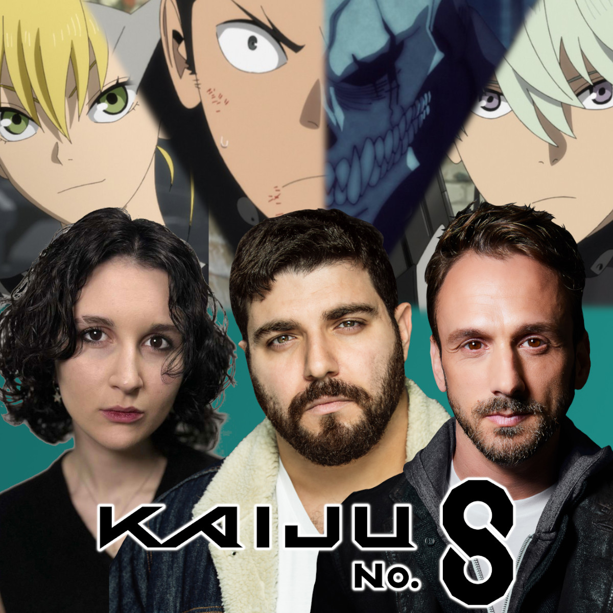 Thumbnail image for an interview with the English cast of Kaiju No. 8. From left to right: Abigail Blythe, Nazeeh Tarsha, and Adam McArthur.
